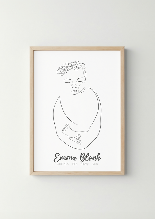 Geboorte Lijntekening met Bloemen Poster