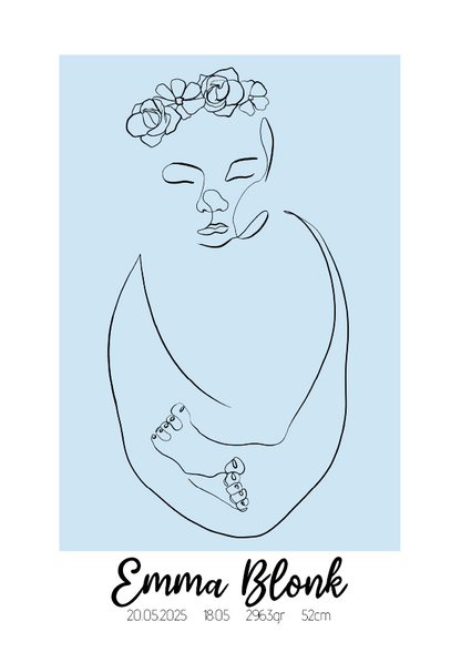 Geboorte Lijntekening met Bloemen Poster
