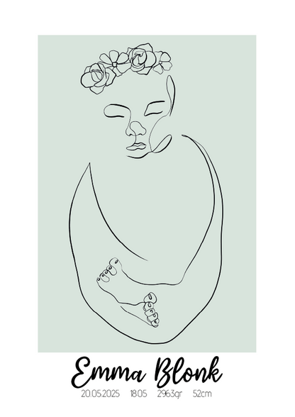 Geboorte Lijntekening met Bloemen Poster