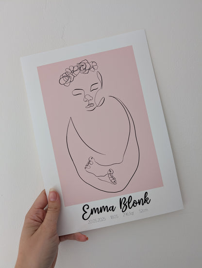 Geboorte Lijntekening met Bloemen Poster